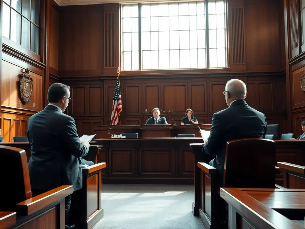 A courtroom scene with a judge and lawyers presenting a case.