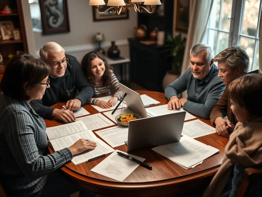 A family discussing legal documents around a dining table.