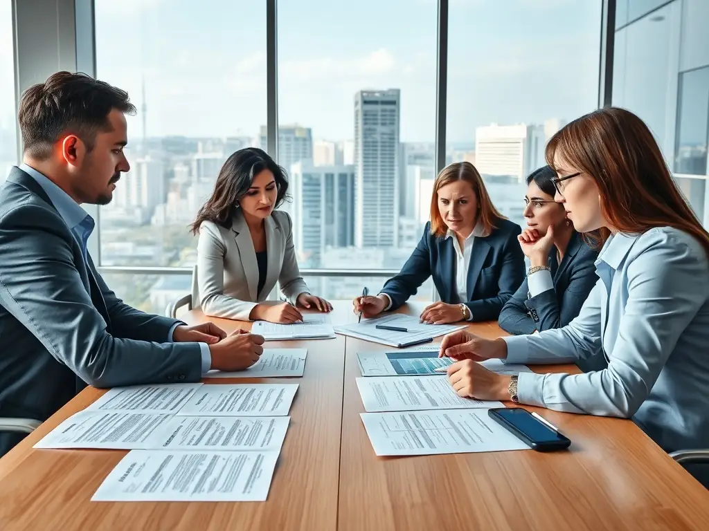 Professionals discussing business strategies in a corporate meeting.