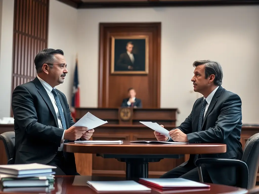 Lawyers discussing a case in a professional courtroom setting.