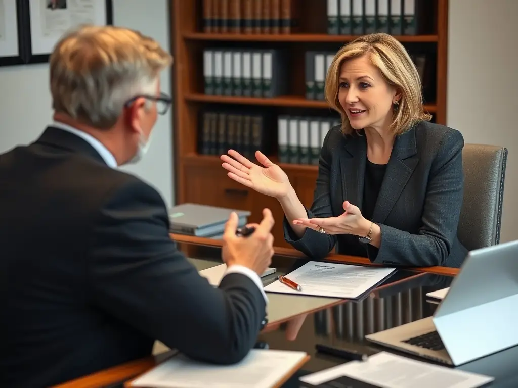A lawyer discussing a will with a client at a desk.