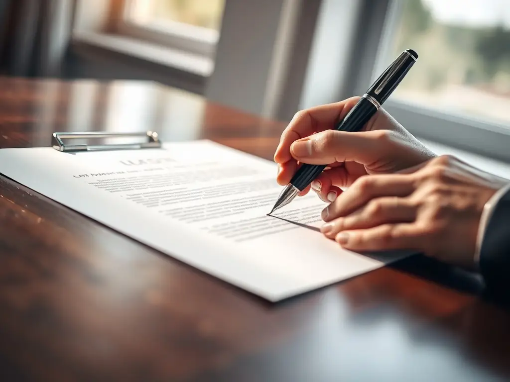 A close-up of a legal document on a wooden table with a hand poised to sign.