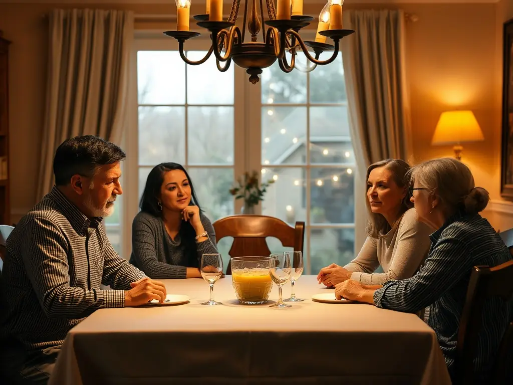 A family gathered around a table discussing inheritance matters.