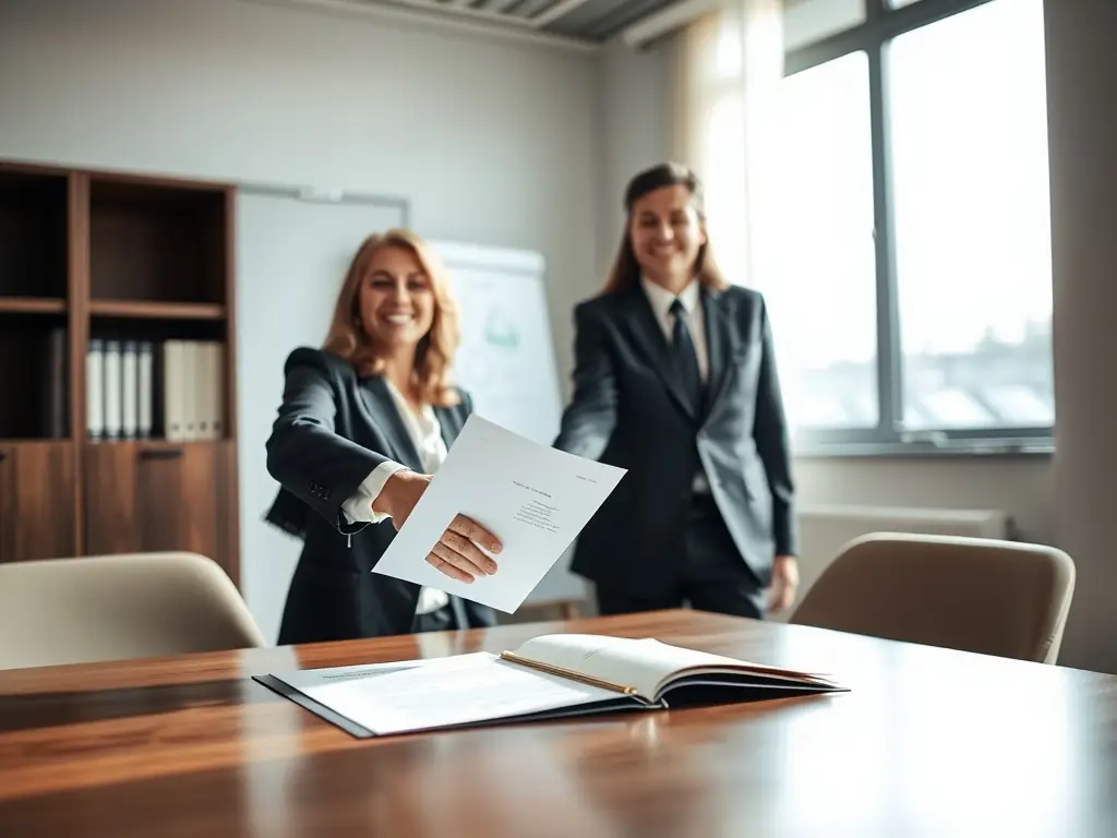 A lawyer and client shaking hands in an office.